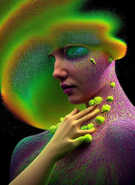 Image similar to hyper detailed 3d render like a Oil painting - Aurora (Singer) seen Eating of the Strangling network of yellowcake aerochrome and milky Fruit and Her delicate Hands hold of gossamer polyp blossoms bring iridescent fungal flowers whose spores black the foolish stars by Jacek Yerka, Mariusz Lewandowski, Houdini algorithmic generative render, Abstract brush strokes, Masterpiece, Edward Hopper and James Gilleard, Zdzislaw Beksinski, Mark Ryden, Wolfgang Lettl, hints of Yayoi Kasuma, octane render, 8k