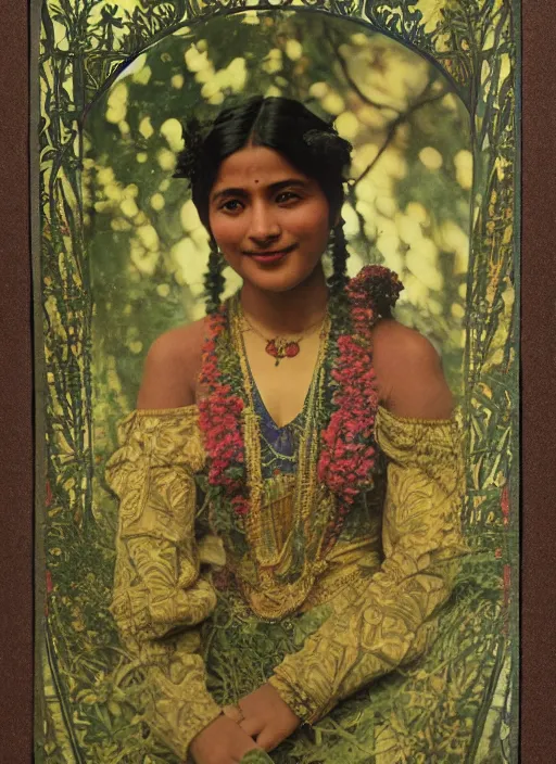 Image similar to vintage portrait photo of a beautiful beautifully lit nepalese Victorian woman smiling in a lush himalayan valley by alphonse mucha and annie leibovitz