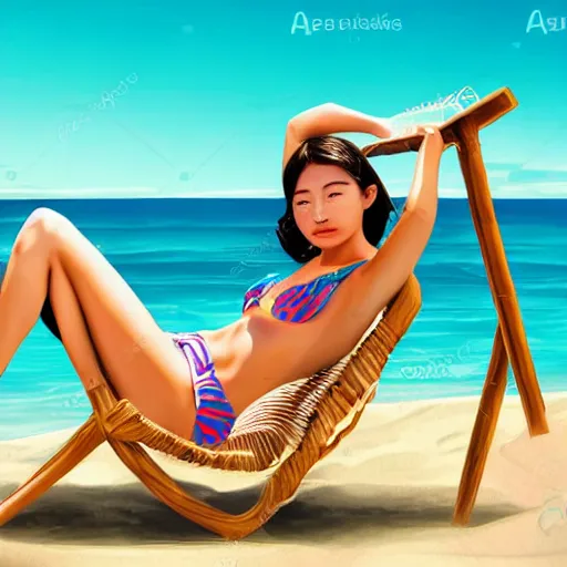 Image similar to a portrait of a young asiatic lady on a beach chair , perfect face, hot summertime hippie, sparky swimsuit , calm sea and beach background , sunny day, perfecly detailed, realistic portrait, perfect design, natural light