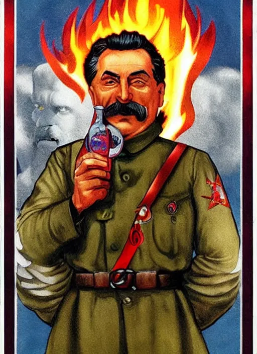 Image similar to stalin with a bottle of vodka, icon with a halo of fire, scary detailed art in color