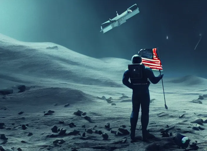 Image similar to astronaut holding a flag in an underwater desert. a submarine is visible in the distance. dark, concept art, cinematic, dramatic, atmospheric, 8 k, trending on artstation, blue, fish, low visibility, fog, ocean floor, christopher nolan, interstellar