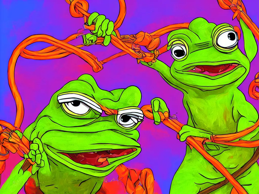 Prompt: extremely detailed digital painting of a pepe the frogs with a whip, stunning scene, perfect face, bright colors, 4 k resolution, trending on artstation