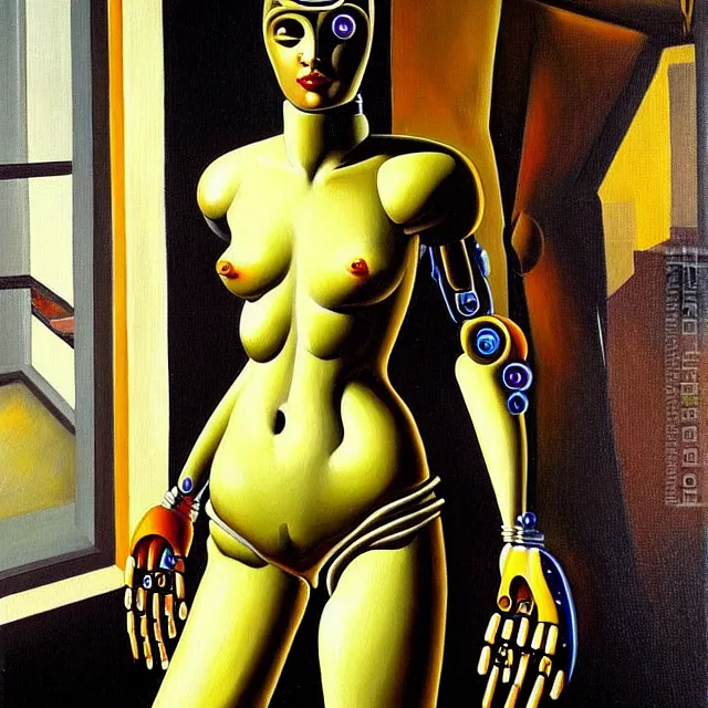 Image similar to a beautiful painting cyberpunk robot venus of milos, bathroom by salvador dali realistic oil painting