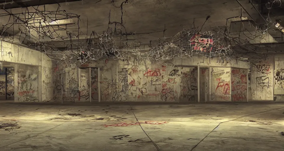 Image similar to photo realistic!! a rundown mall interior with hanging wire and graffiti, very detailed, slightly smokey, unreal engine