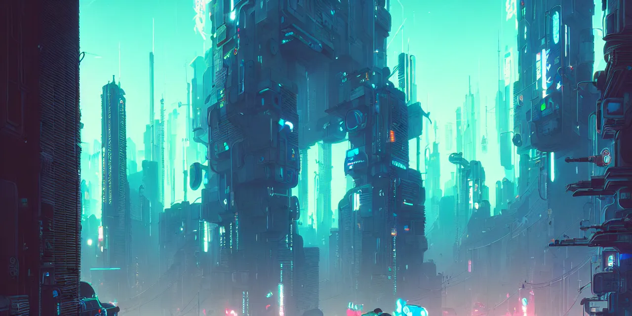 Image similar to cyberpunk synth, hyper - realistic detailed cyberpunk cityscape, by atey ghailan, by greg rutkowski, by greg tocchini, by james gilleard, by joe fenton, by kaethe butcher, dynamic lighting, gradient light blue, brown, blonde cream and white color scheme, grunge aesthetic