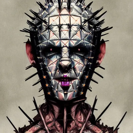 Prompt: portrait of a pinhead hellraiser by Artgerm, H R Giger, not scarry, digital painting, concept art, kawaai, summertime, smiling, warm tones, depth of field, color bleed, dramatic light