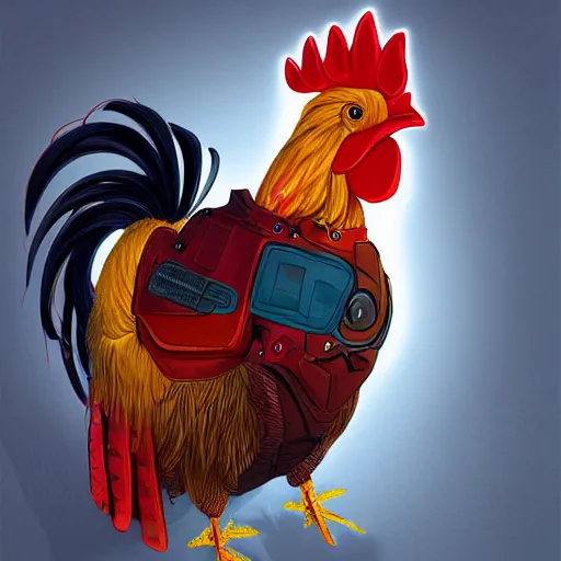 Prompt: a portrait of a half robot rooster wearing a hoodie, artstation, illustration