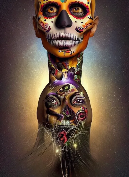 Image similar to dia de los muertos theme surrealist art in the styles of igor morski, jim warren, and giuseppe mastromatteo, winking, intricate, hyperrealistic, accurate facial details, profile picture with chromakey!!!!! background, volumetric lighting