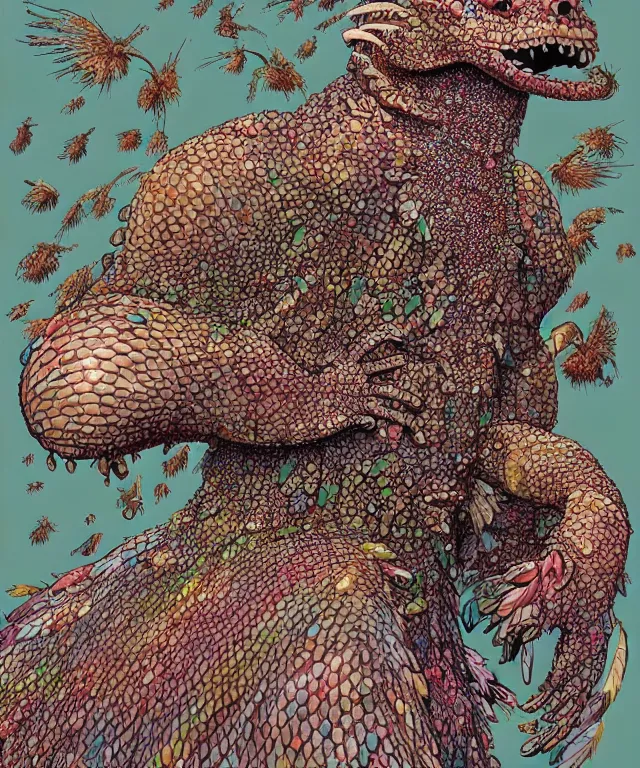 Image similar to a creature covered in scales and feathers spitting acid, fantasy, elegant, digital painting, artstation, concept art, matte, sharp focus, illustration, art by geof darrow