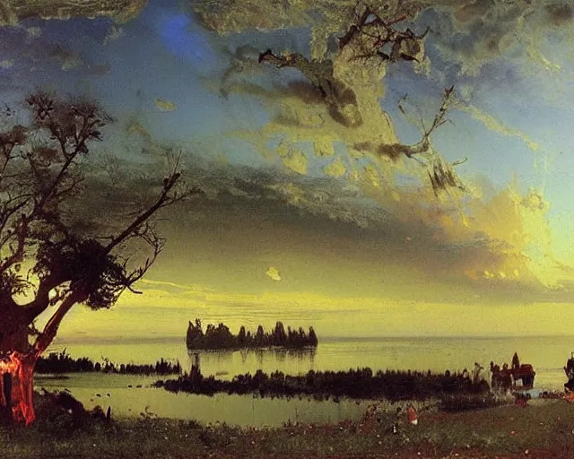 Image similar to painting by albert bierstadt and viktor vasnetsov