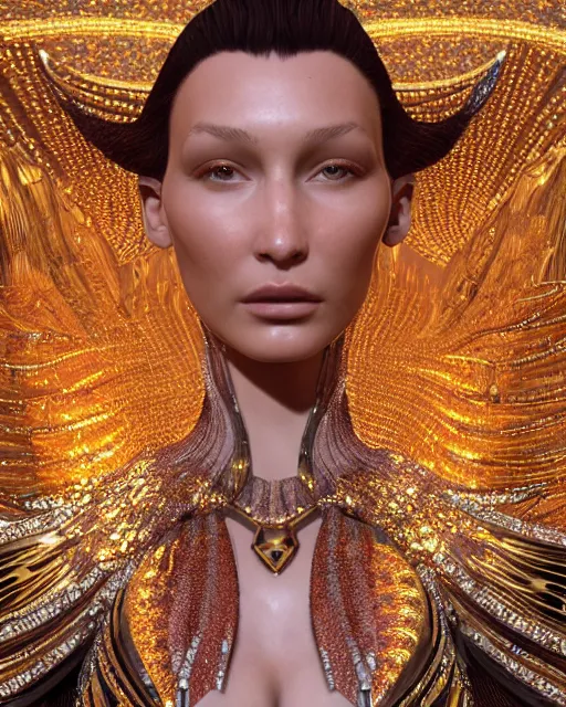 Prompt: a highly detailed metahuman 4 k close up render of an alien goddess bella hadid as god in iris van herpen dress schiaparelli in diamonds crystals swarovski and jewelry in style of alphonse mucha gustav klimt trending on artstation made in unreal engine 4