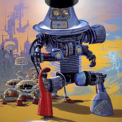 Prompt: robot wearing a buckethat, by John Harri and Michael Whelan and John Berkey and Robert McCall and Chris Foss and Chris Moore and Vincent Di Fate and Rafał Olbiński and Jim Burns