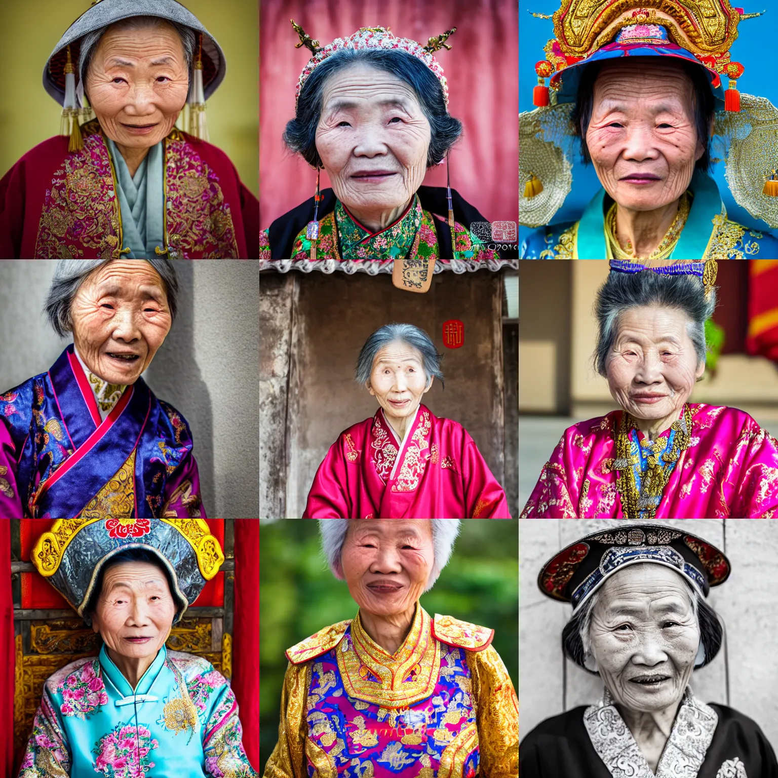 Prompt: photo portrait of an old Chinese lady , proud, Royal attire, Nikon D810, ƒ/2.5, focal length: 50.0 mm, exposure time: 1/800, ISO: 200,