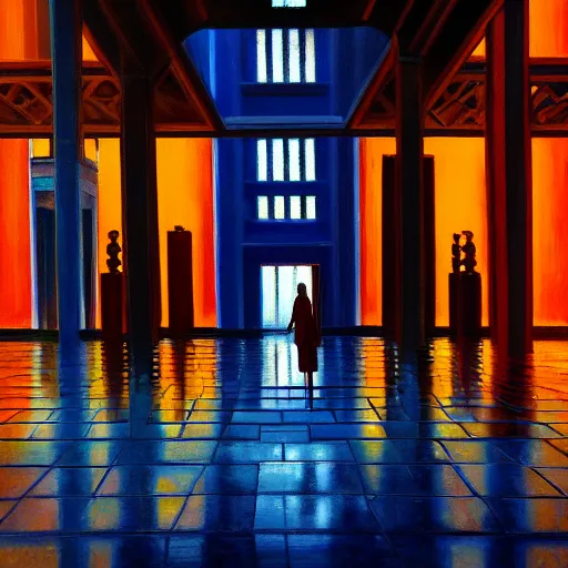 Image similar to scene, moment, beautiful woman, courtyard, capital, cybermosque interior, control panel, watcher, omniscient, tech noir, wet reflections, impressionism, matte painting, speed painting, chiaroscuro, oil on canvas