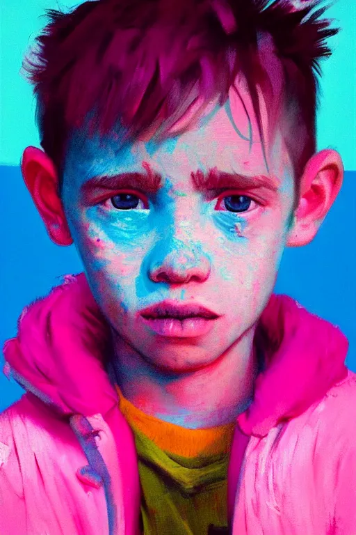 Prompt: portrait of a young boy nor living not death in a postapoliptic forgotten world, in the colors hot pink and cyan, beautiful face, rule of thirds, complex outfit, spotlight, octane render, dramtic lit, by greg rutkowski, by jeremy mann, by francoise nielly, by van gogh, digital painting