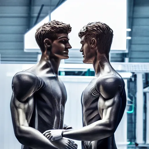 Image similar to a realistic detailed photo of a guy who is an attractive humanoid who is half robot and half humanoid, who is a male android, soccer players martin ødegaard & timo werner, shiny skin, posing like a statue, blank stare, in a factory, on display, showing off his muscles, gold soccer shorts, side view, looking at each other mindlessly