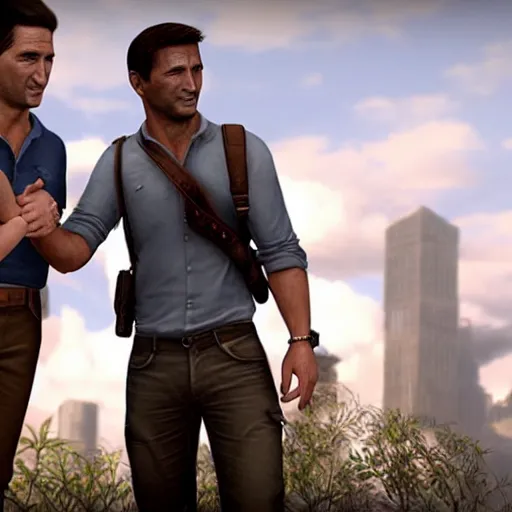 Prompt: nathan drake from uncharted shaking hands with donald trump