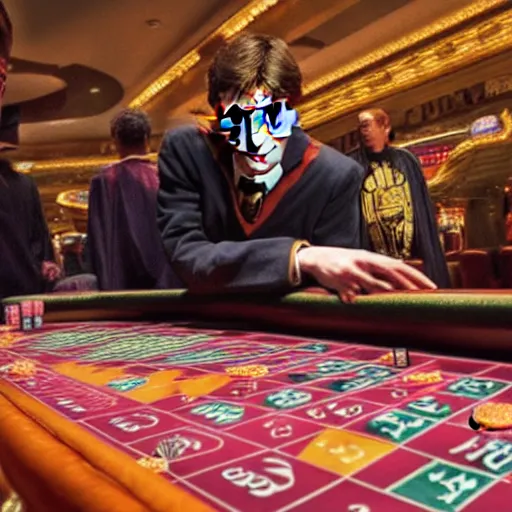 Image similar to Harry Potter in a Casino Gambling with stacks of money at the roulette table, Photograph