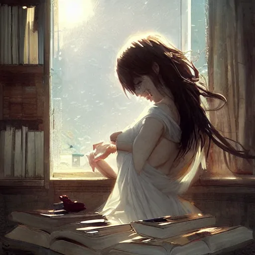 Image similar to awoke to cotton, sweet smell of books, by wlop, artgerm, greg rutkowski