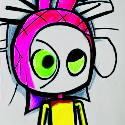 Image similar to a children's drawing of invader zim, crayon, paper,