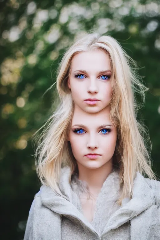 Prompt: a portrait of a blonde wonderful young woman, blue eyes, highly detailed, fujifilm 5 6 mm f 1. 2