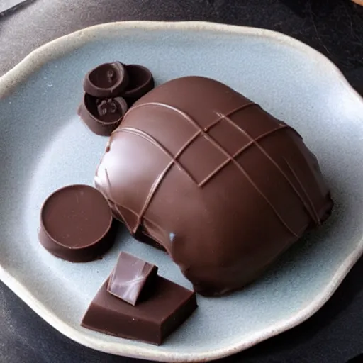 Prompt: Chocolate covered World War 2 naval mine, served on a plate, gourmet sweet