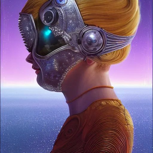 Prompt: portrait of barbarella queen of the galaxy, silver space suit, intricate, bloom, detailed, volumetric lighting, sharp focus, photorealism, digital painting, highly detailed, concept art, by roger dean and simon stalenhag and mark brooks