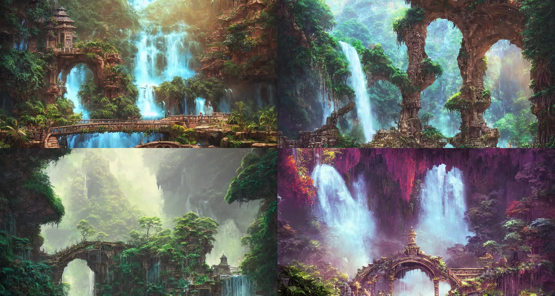 Prompt: a beautiful detailed matte painting of ancient ornamental gate in the jungle with waterfall, digital art by ghibli and tyler edlin fantasy art, by alena aenami, vibrant, hyper realistic, anime, concept art, futurism, detailed, trending on artstation