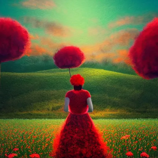 Image similar to giant red flower afro, full body, girl walking in the middle of a field with flowers, surreal photography, hills, sunrise dramatic light, impressionist painting, colorful clouds, digital painting, pointillism, artstation, simon stalenhag