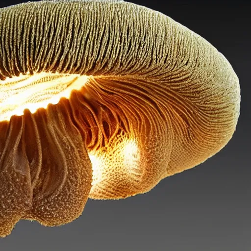 Prompt: beautiful roud mushroom cap, bottom view, luminous lamellae are clearly visible, no stipe, black background, d&d, epic composition