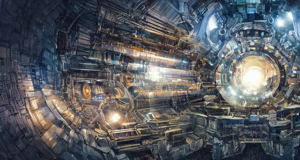 Prompt: detailed concept art of advance civilization human species researching on large hadron collider with cern particle accelerator sci - fi, digital, landscape, sci - fi, cinematic lighting