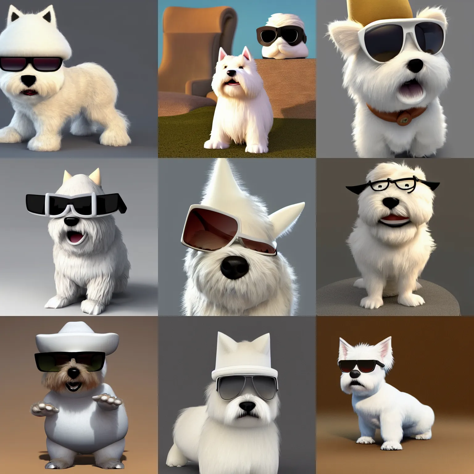 Prompt: a slightly chubby anthropomorphic west highland white terrier wearing an expensive fur coat and hat, wearing sunglasses, high quality 3d render, movie, pixar
