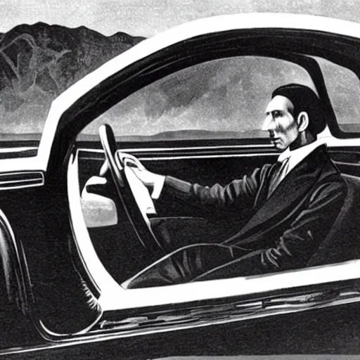 Prompt: nikola tesla driving a modern tesla model s in 2 0 2 5