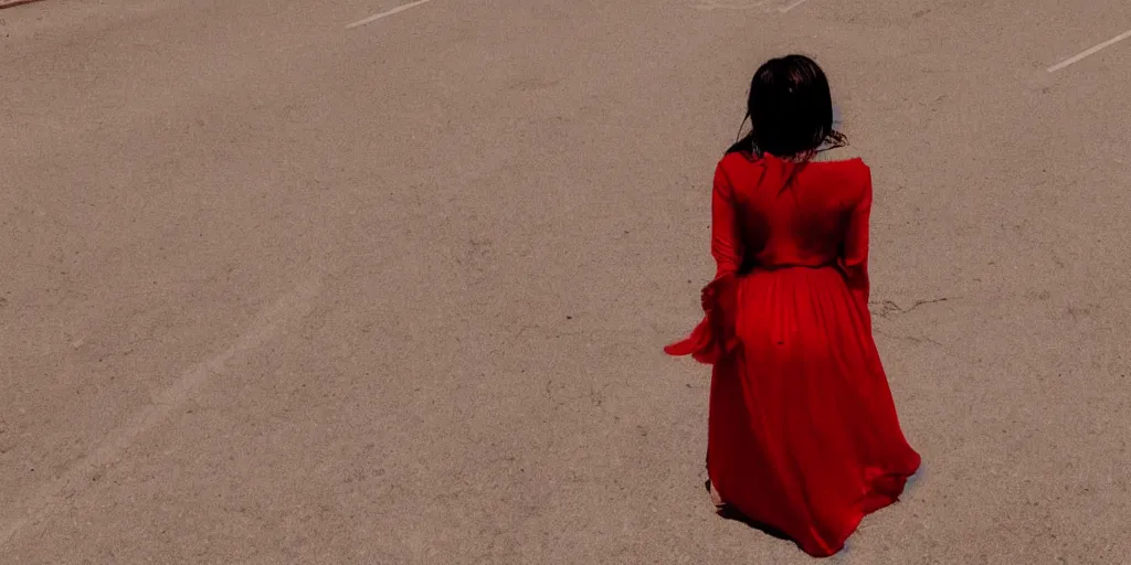 Prompt: a woman in a red dress standing in the middle of an empty town,beautiful,captivating,chromatic aberration