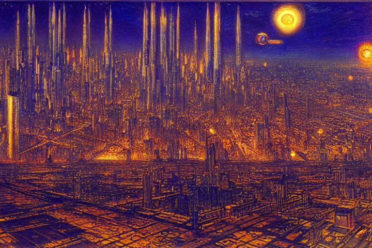 Prompt: a scifi illustration, Night City on Coruscant by william holman hunt