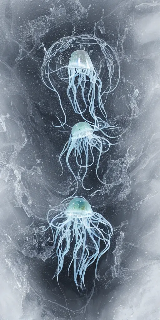 Image similar to a photorealistic render of a neotribal jellyfish, made of melted plastic and marble, c 4 d, by zhelong xu and ernst haeckel, wide angle, hyper realistic, plain black background, 8 k, volumetric lightning, octane render