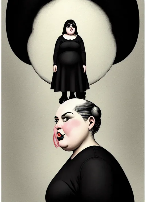 Image similar to portrait of a chubby woman with a crooked nose and a confident expression, 1 9 6 0 s, black clothes, goth, punk, funk, intricate, elegant, highly detailed, digital painting, artstation, concept art, smooth, sharp focus, illustration, art by wlop, mars ravelo and greg rutkowski