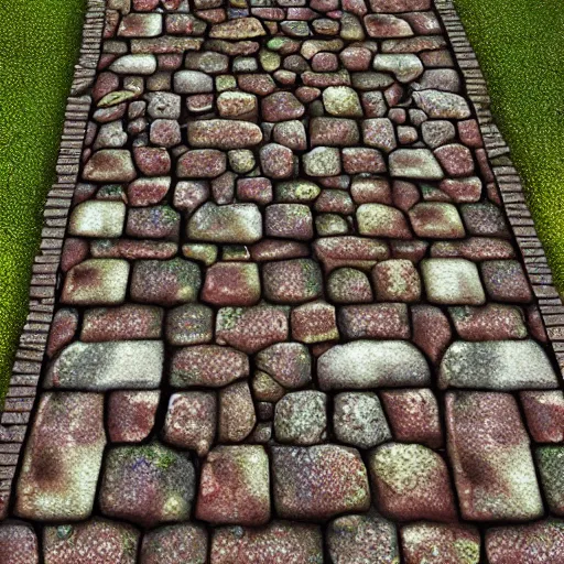 Prompt: Folk fairy tale village cobblestone fantasy brick road. Substance 3d texture. Quixel megascan. flat 2d texture. Top down.