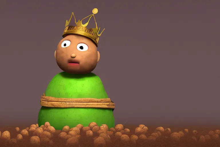 Image similar to the potato king which is a potato appears before the large crowd of his subjects in all his glory wearing his crown, concept art, blender, glossy googly eyes, realistic dirt.