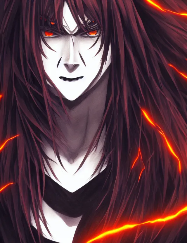 Image similar to a detailed manga portrait of a shadowy dark handsome boy with long crimson hair and glowing orange eyes and fangs, trending on artstation, digital art, 4 k resolution, detailed, high quality, sharp focus, hq artwork, coherent, insane detail, character portrait