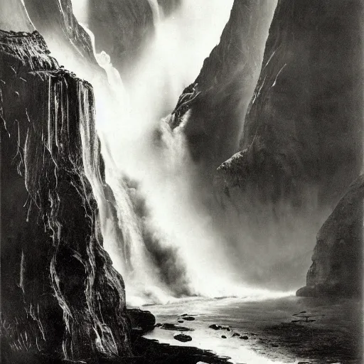 Image similar to dark and moody photo by ansel adams and peder balke, a woman in an extremely long dress made out of waterfalls