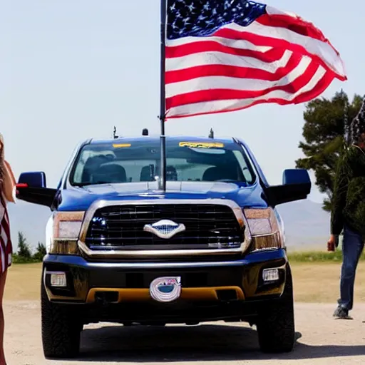 Image similar to pgoto of biden pickup trucks with american flags, there are very attractive woman in the back of the truck.