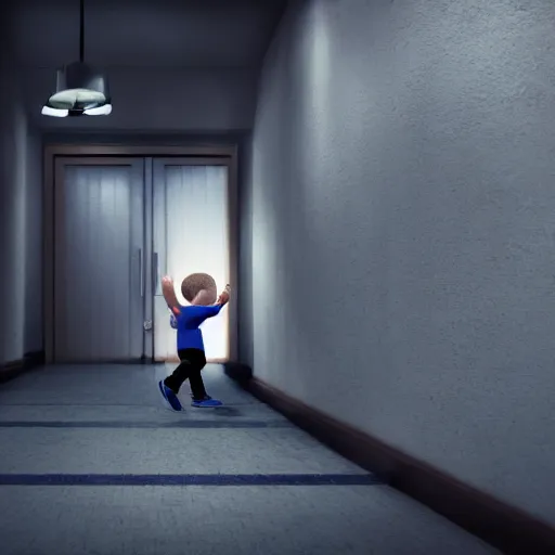 Image similar to joe biden chasing a child in the backrooms level 0, hyper - realistic, 4 k, octane - render, realistic.