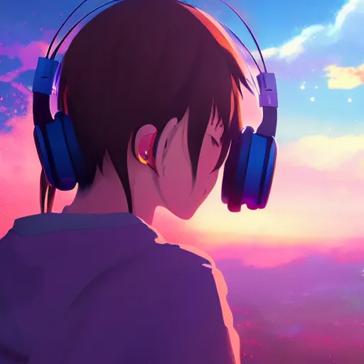 KREA - an anime music producer with headphones on, official art, key  visual, studio lightning, very detailed bd cover, Kimi no Na Wa,  hyperrealistic, artstation, caustics, trending on Artstation, 8K, octane  renderer