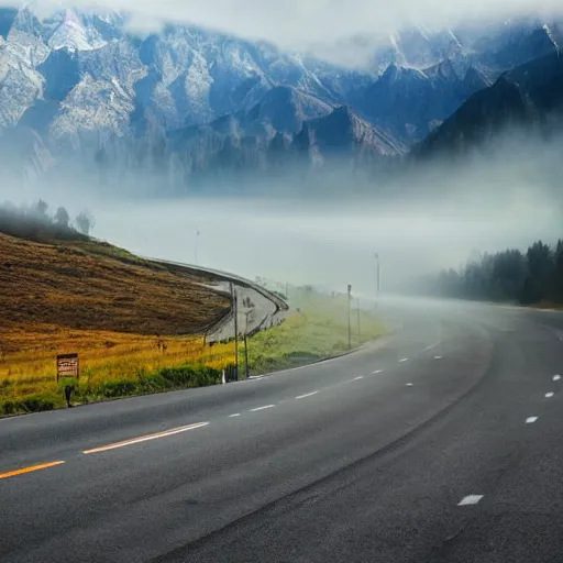 Image similar to very creative livery on big commercial bus on misty highway scene, the sun shining through the moutains