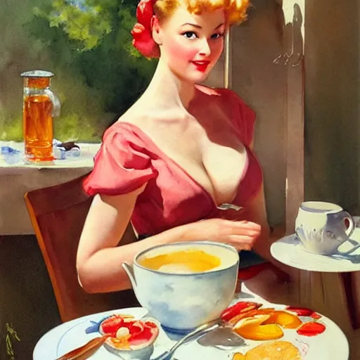 Image similar to woman making breakfast watercolor painting by gil elvgren and vladimir volegov