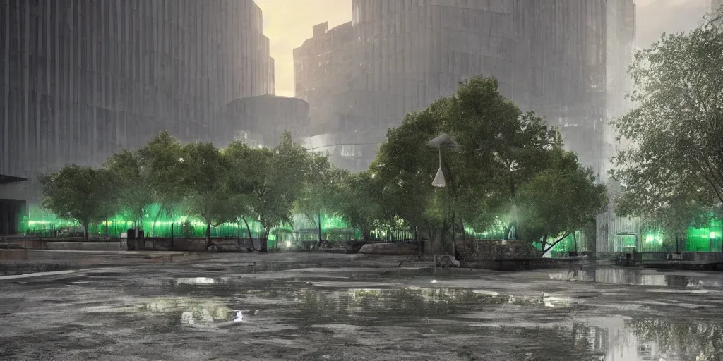 Image similar to soviet brutalims huge green concrete orbs in city view by argerm and eddie mendoza, green glow, puddles of water, sunset, trees, dark, moody, volumetric lighting, dirty