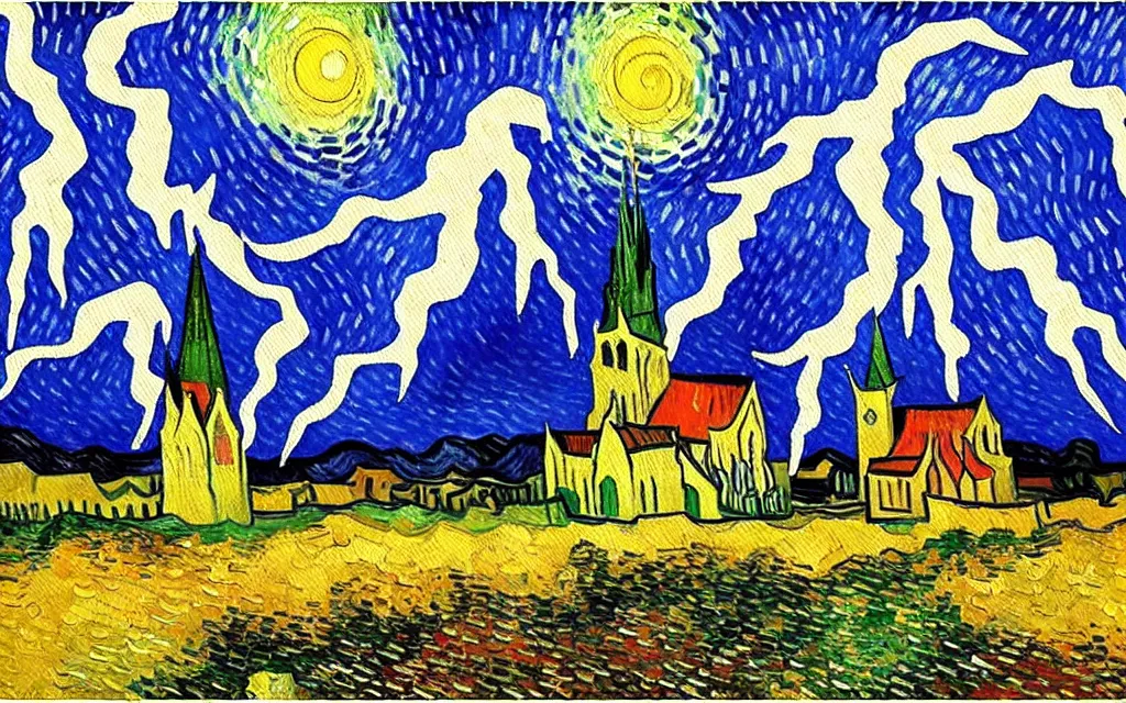 Image similar to expressionist oil painting by van gogh of lightning storm over a tall gothic church, landscape painting, expressionism, 8 k resolution, small brushstrokes, watercolor palette