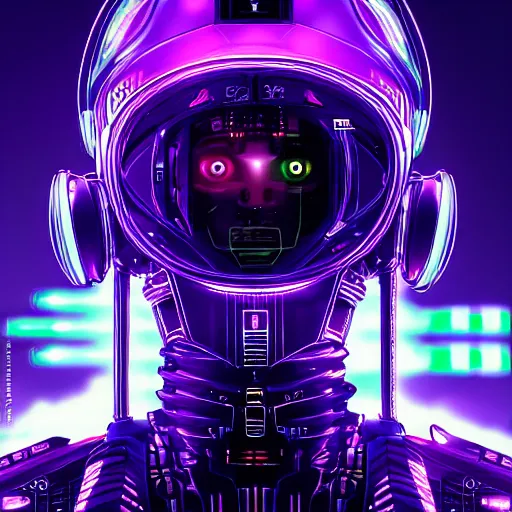 Image similar to Head of a robot with purple glowing eyes in cyberpunk neon Tokyo in style of Tsutomu Nihei. Cyberpunk, vertical symmetry, 8K, Highly Detailed, Intricate.