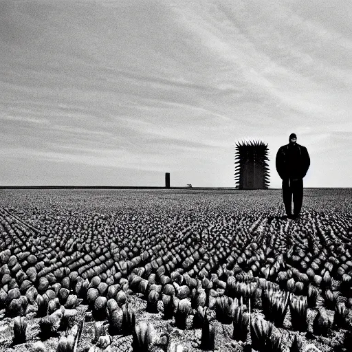 Image similar to radioactive spike field, monolithic granite spikes, one lone person standing in front of the spikes, creepy monotone black and white lighting, post nuclear fallout, desolate, no life, high resolution, old photo,